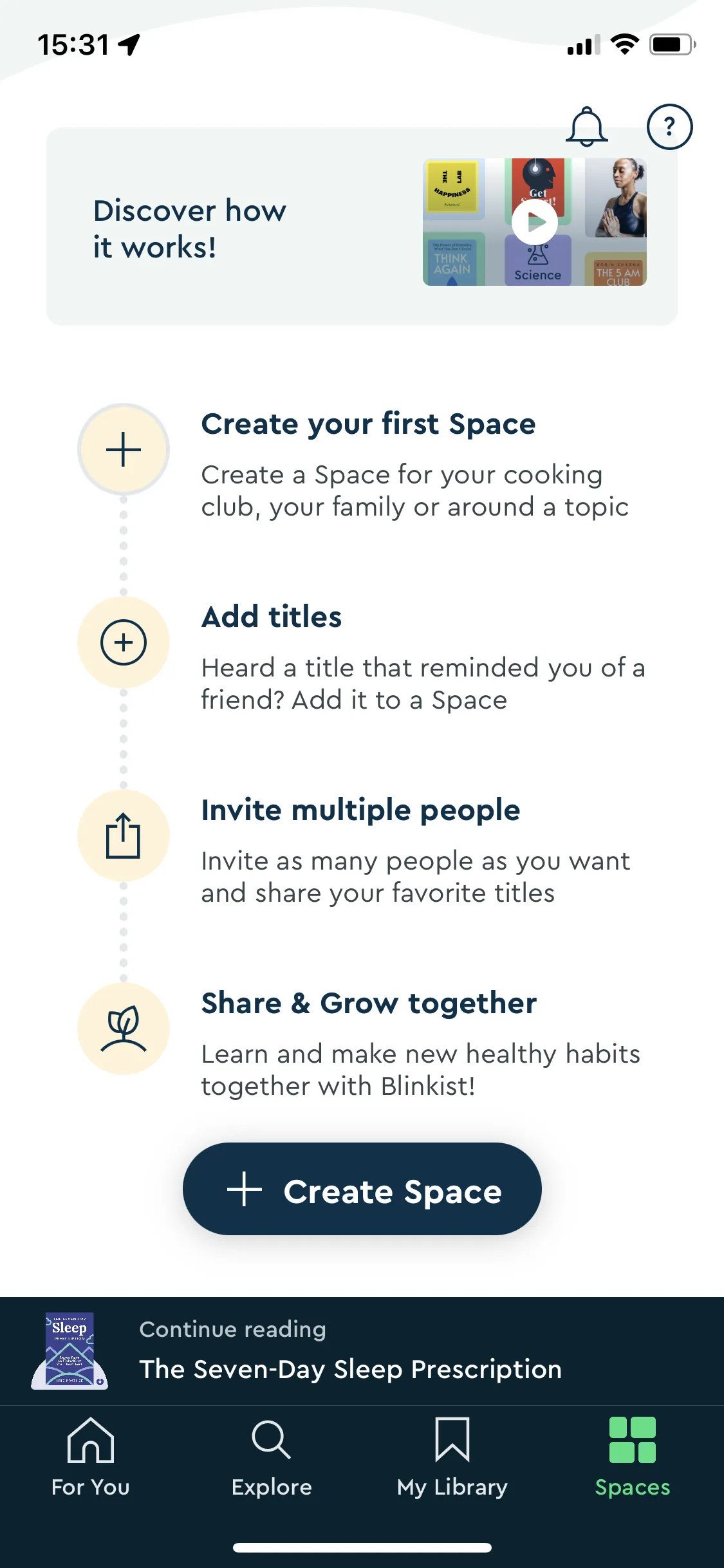A screenshot of the Blinkist app on iOS. It is focused on the Spaces tab. It only shows 4 todos: Create your first space, Add titles, Invite multiple people, and Share & grow together.
