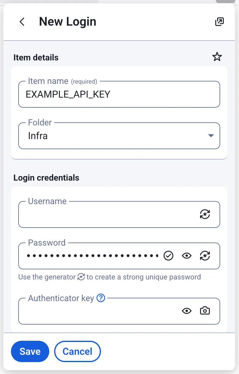 A screenshot of the bitwarden WebExtension. It shows the entry for an item called EXAMPLE_API_KEY. The password is obfuscated, and all the other fields are empty.