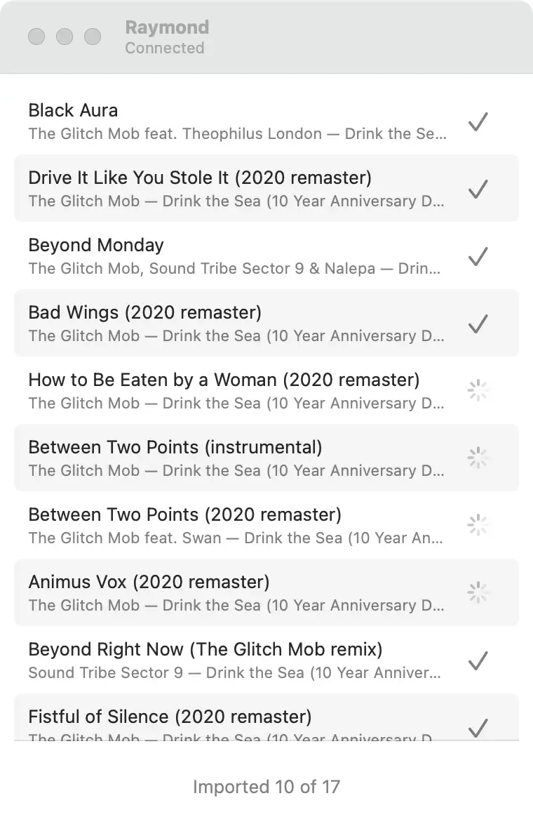 A screenshot of a macOS app. It shows a list of songs that are being sent to an iPhone.