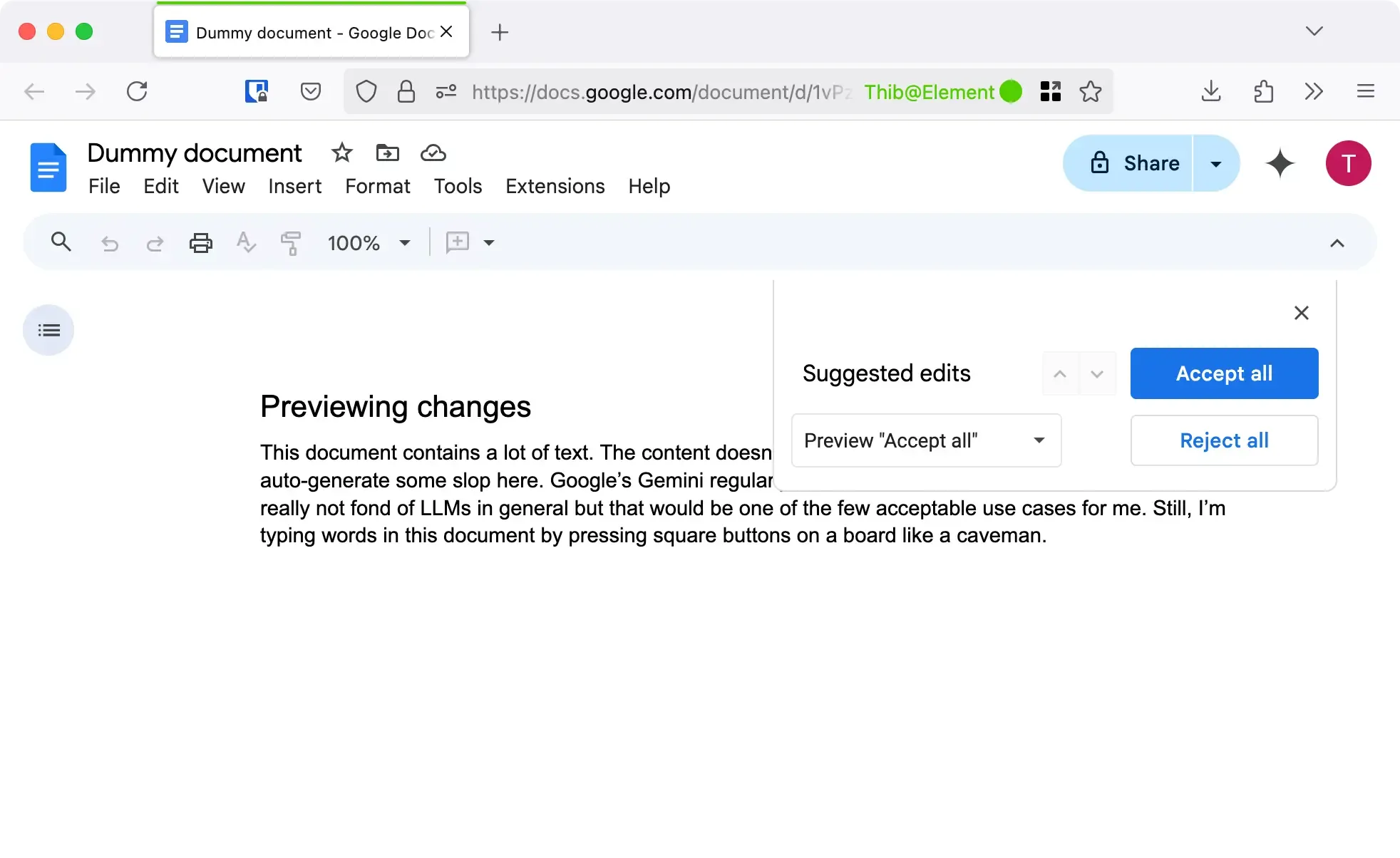 A screenshot showing the same document as if all suggestions had been accepted. A modal displays "Preview Accept All."