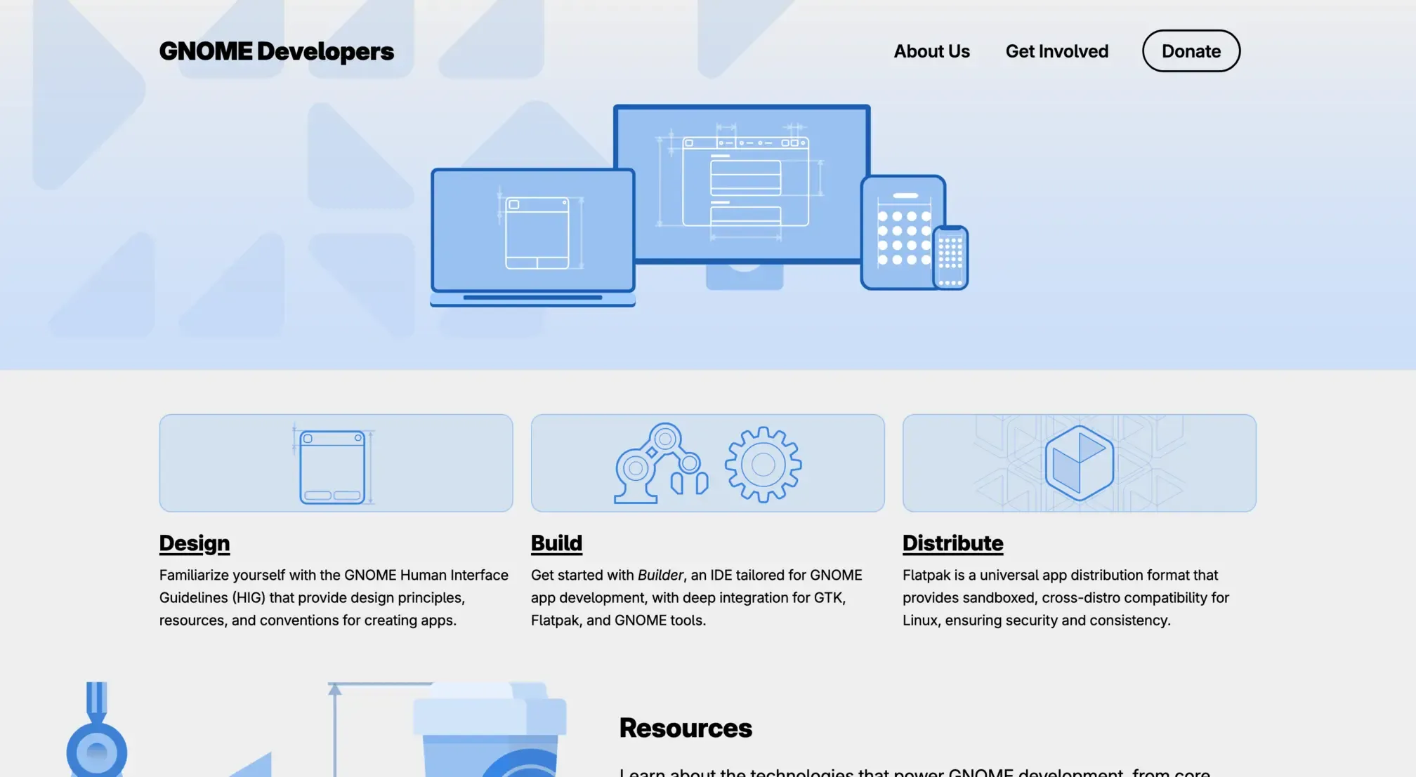 A screenshot of the GNOME Developers website where people can learn to build, design, or distribute for GNOME