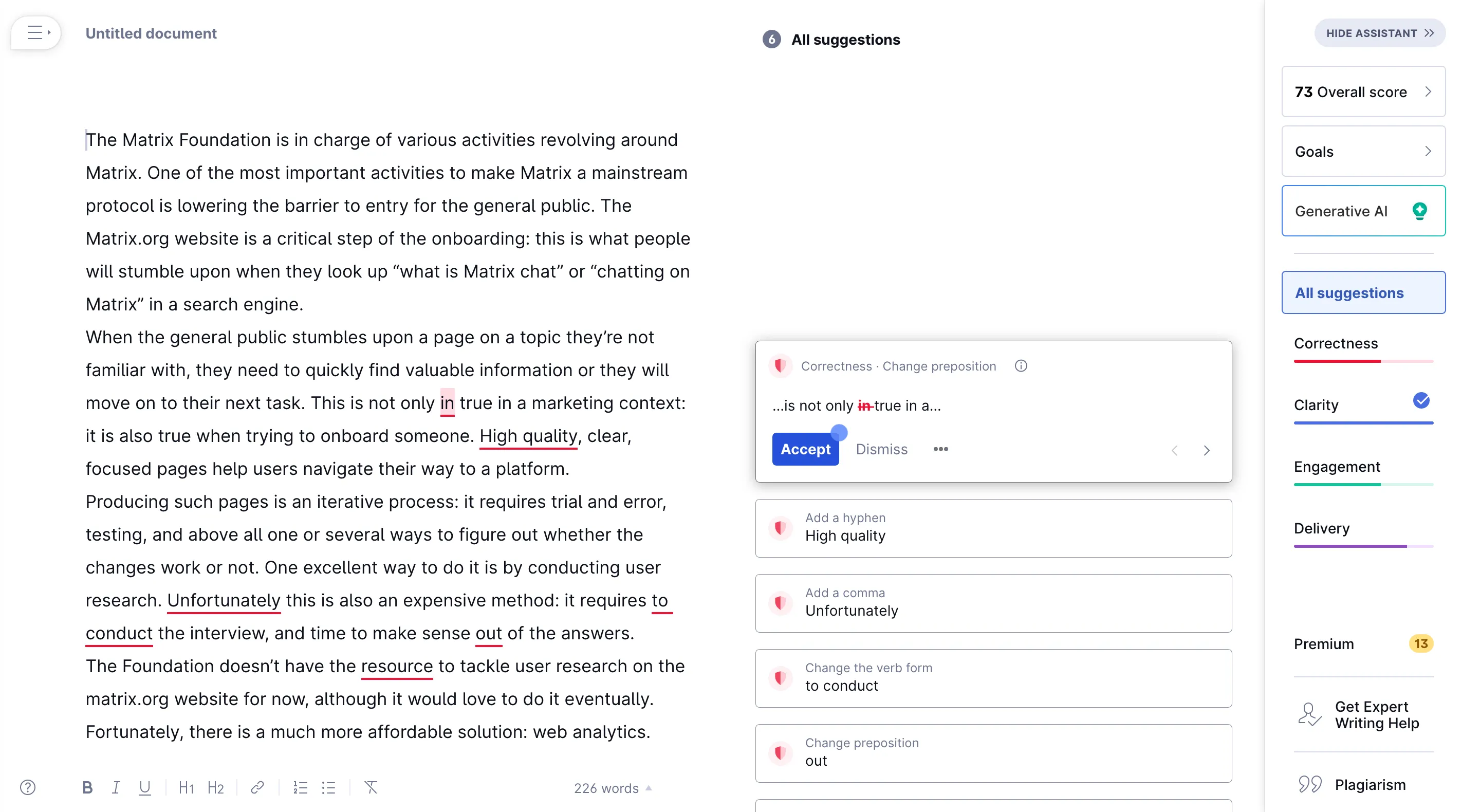 A screenshot of the Grammarly UI. There's a main area where the text can be pasted. On its right, there's a column with suggestions to improve the text. And on the rightmost part of the UI, there is another column with an "Overall score" for the text, a goal, a "Generative AI" button, and four progress bars: one named "Correctness", one named "Clarity", one named "Engagement", and one named "Delivery."