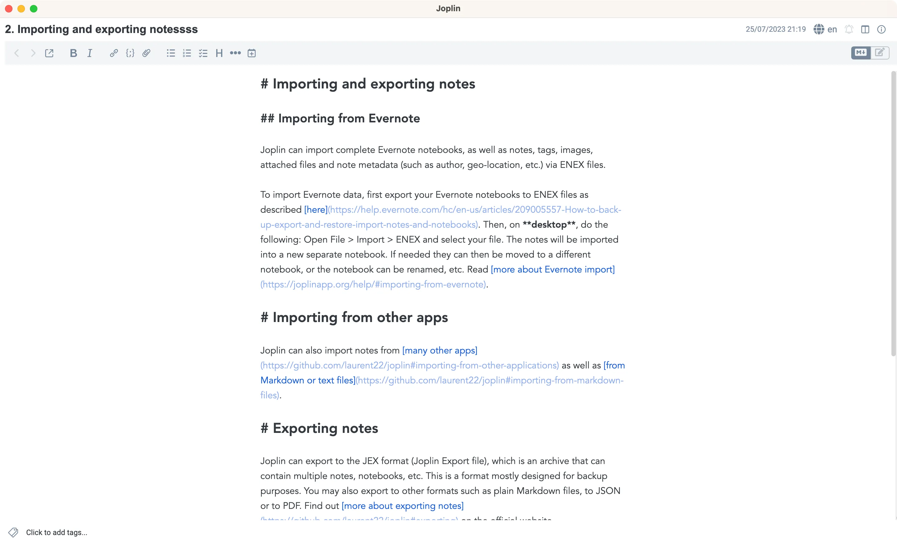 A screenshot of Joplin on desktop with a maximum column width