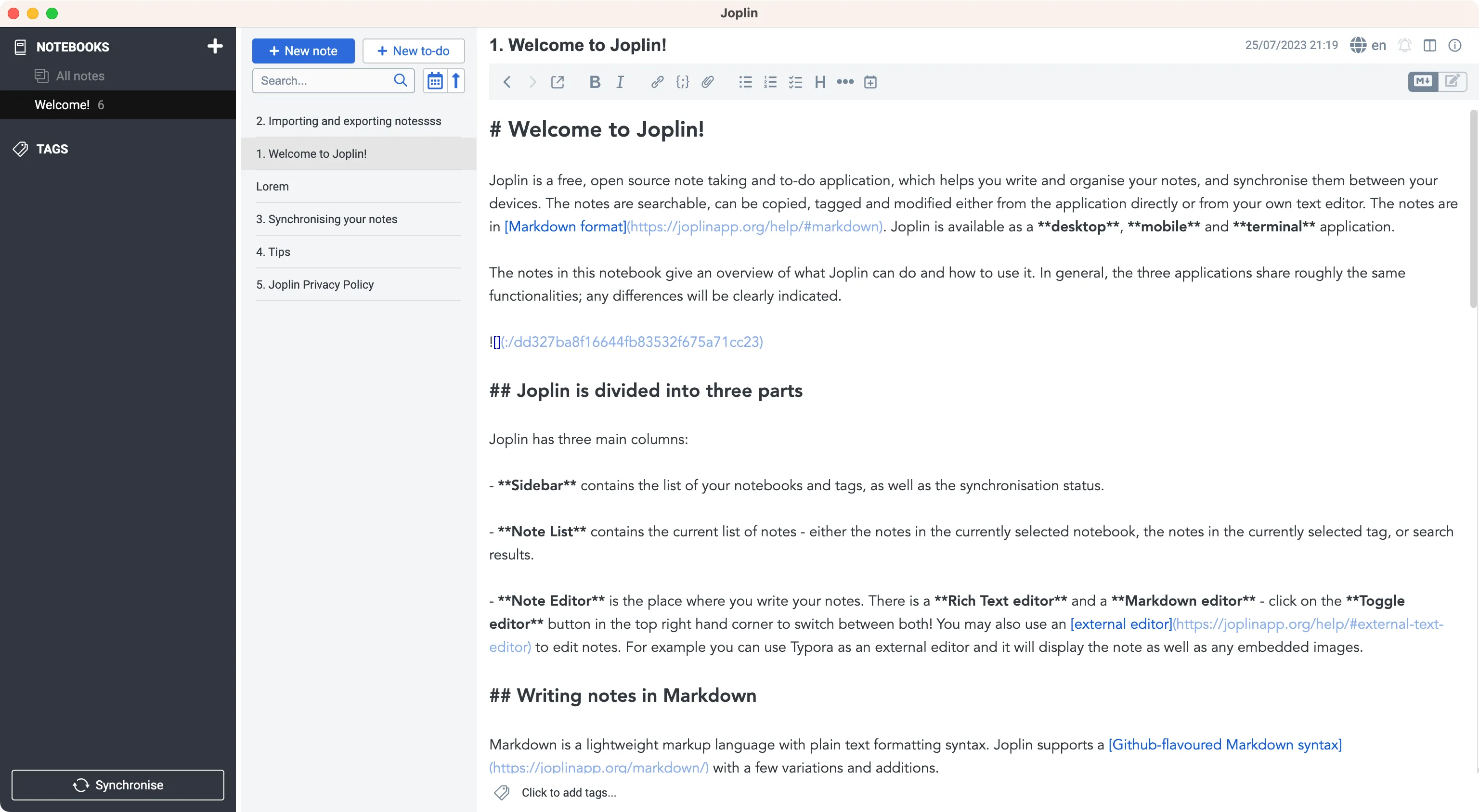 A screenshot of Joplin on desktop