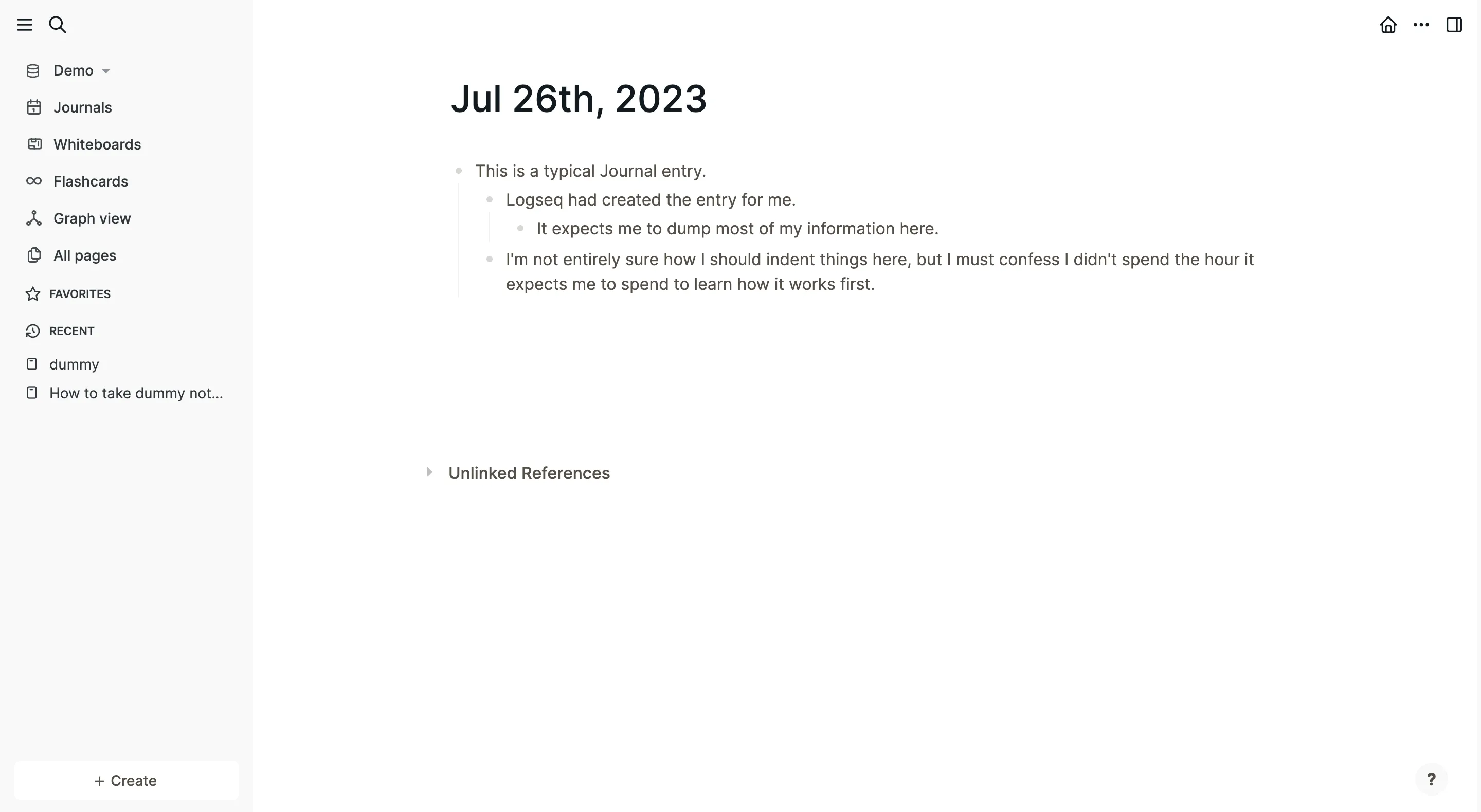 A screenshot of the landing page of the Logseq page
