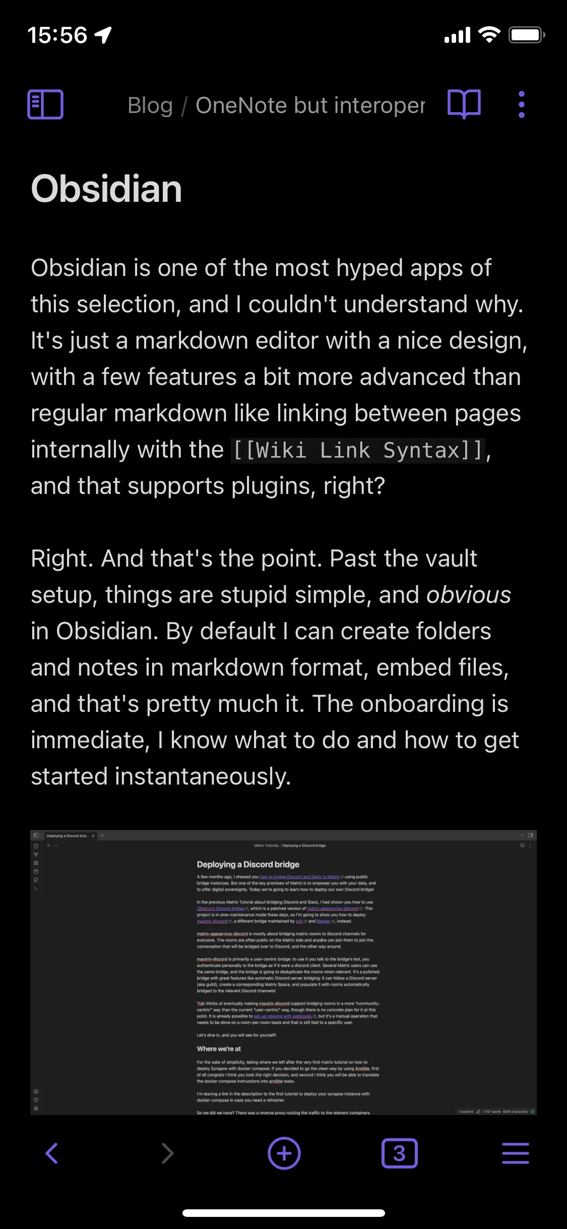 A screenshot of Obsidian on iOS