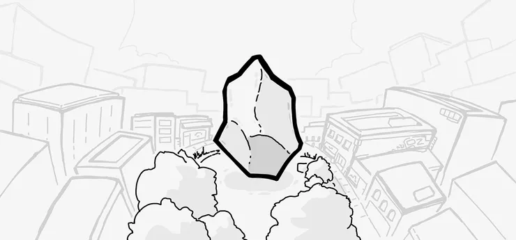 A drawing of a rather busy city, with a calm central park. In the center of the park, there is a large stone that has the shape of the Obsidian logo
