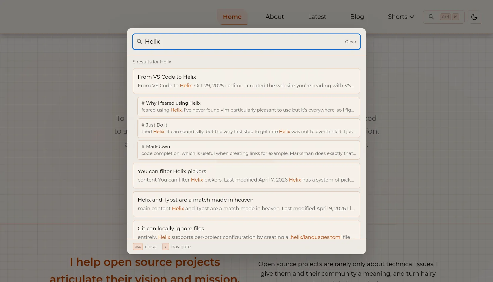 A screenshot of this website with the search modal open. The user has searched for "Helix" and the modal retuns plenty of results.