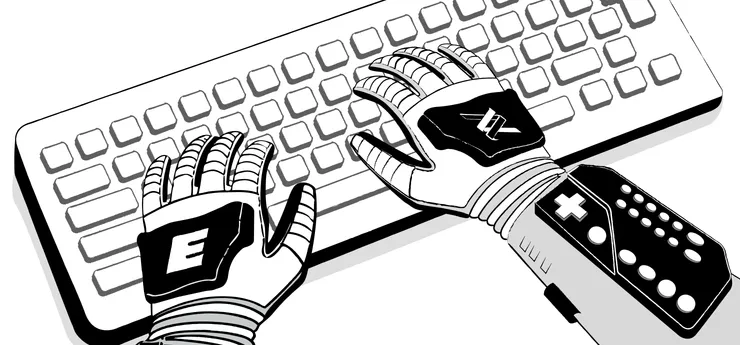 A pair of hands wearing Nintendo Power Gloves are typing on a keyboard