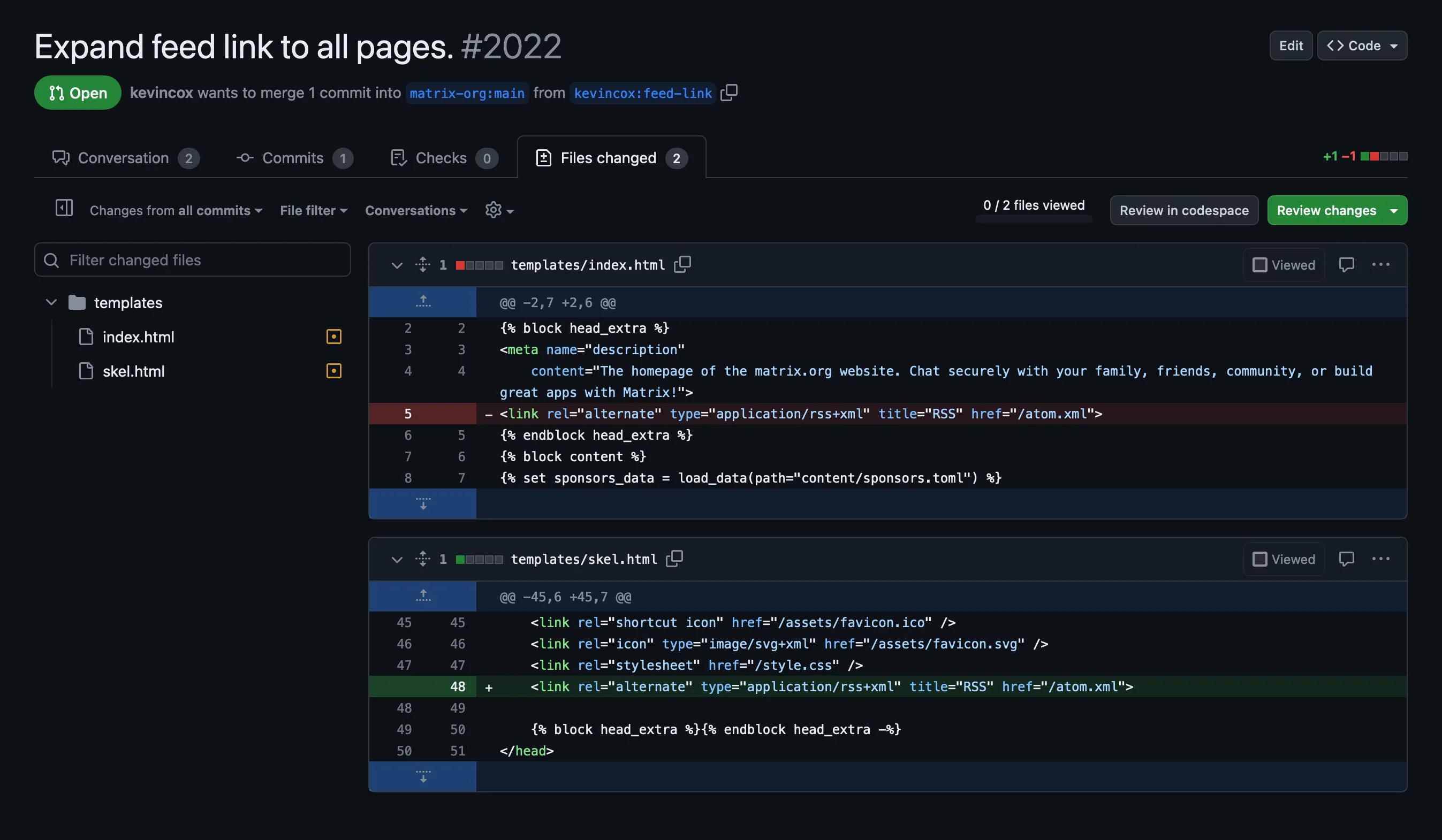 A screenshot of a dummy pull request, where we can see two text boxes: one with the code before the change, and one with the code after. The line that changes is highlighted in both boxes.