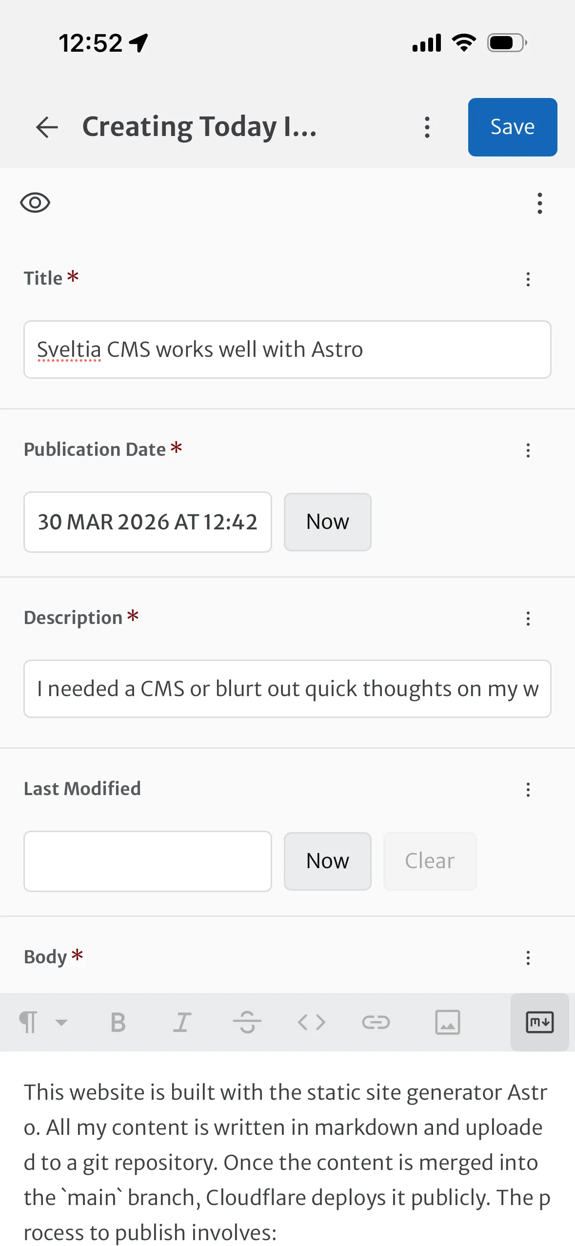 A screenshot of Sveltia on iOS. It is used to edit the post you’re reading.